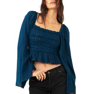 Free People Afton Puff Shoulder Lace Crop Top Blue Size S NWT